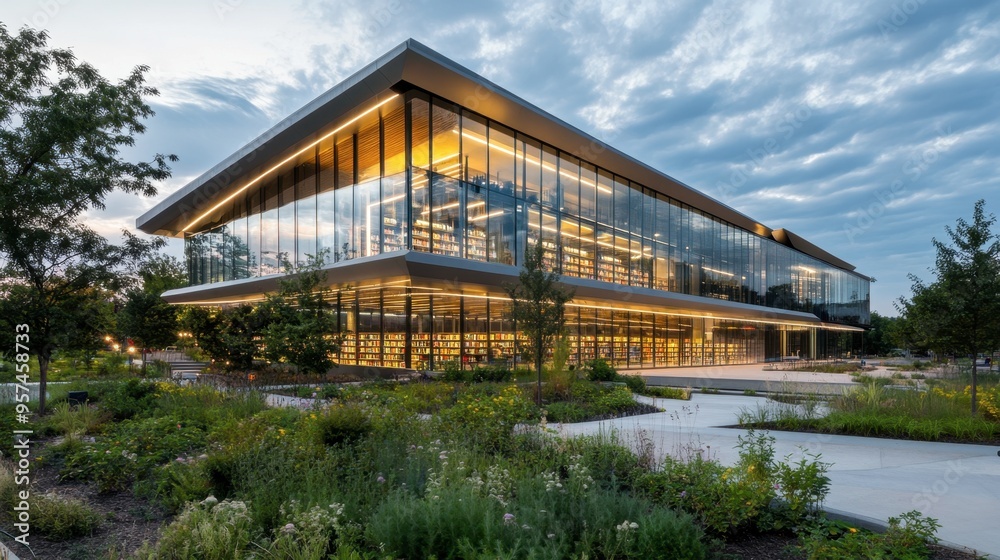 A modern public library with an innovative design, large glass walls, and open spaces, set in an urban setting with greenery. A modern public library with an innovative design, large glass walls, and open spaces, set in an urban setting with greenery.