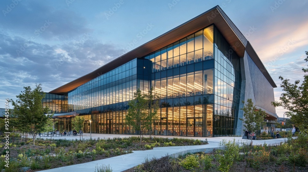Fototapeta premium A modern public library with an innovative design, large glass walls, and open spaces, set in an urban setting with greenery.