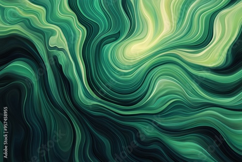 Digital illustration depicting green noise as blend of abstract shapes and waves in green tones. movement and depth with layered textures, soft lighting, concept of auditory green noise visually