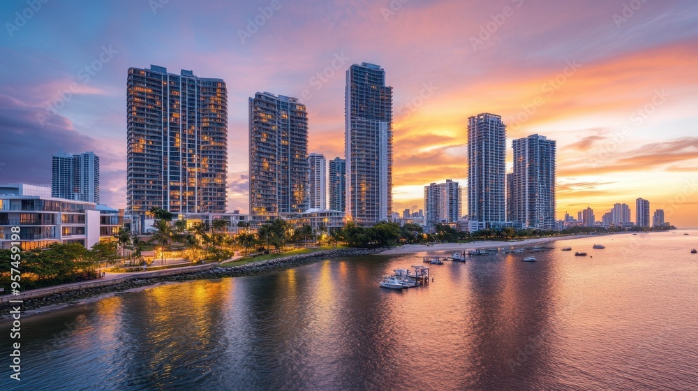 A panoramic view of a coastal city with modern high-rise buildings and a waterfront promenade, illuminated by sunset. A panoramic view of a coastal city with modern high-rise buildings and a waterfront promenade, illuminated by sunset.