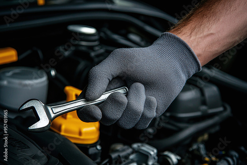 a gloved hand of an auto mechanic holding a shiny wrench, positioned over an open car engine in a workshop, with the engine components clearly visible