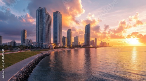 A panoramic view of a coastal city with modern high-rise buildings and a waterfront promenade, illuminated by sunset.