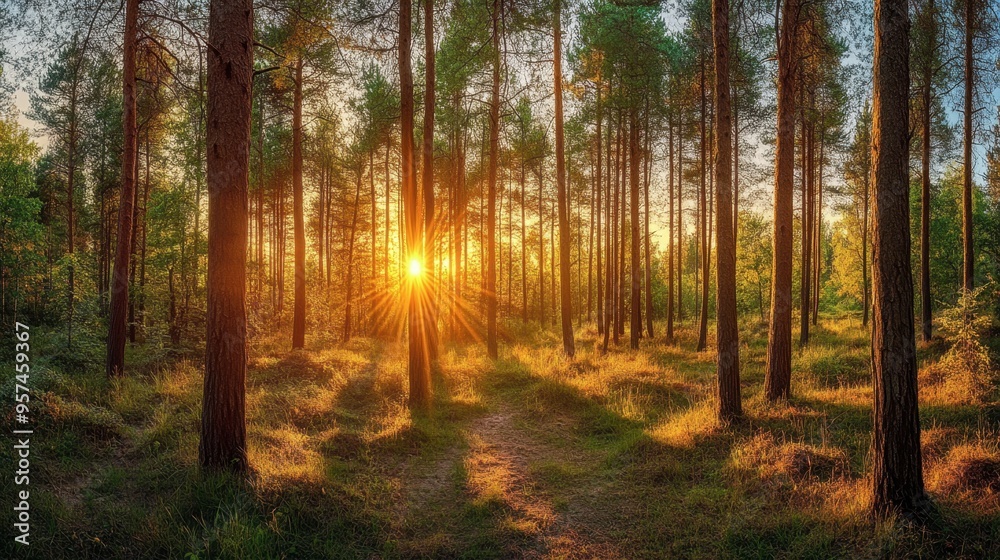 Fototapeta premium A panoramic view of a forest during the golden hour, with warm sunlight illuminating the trees and creating a magical atmosphere.