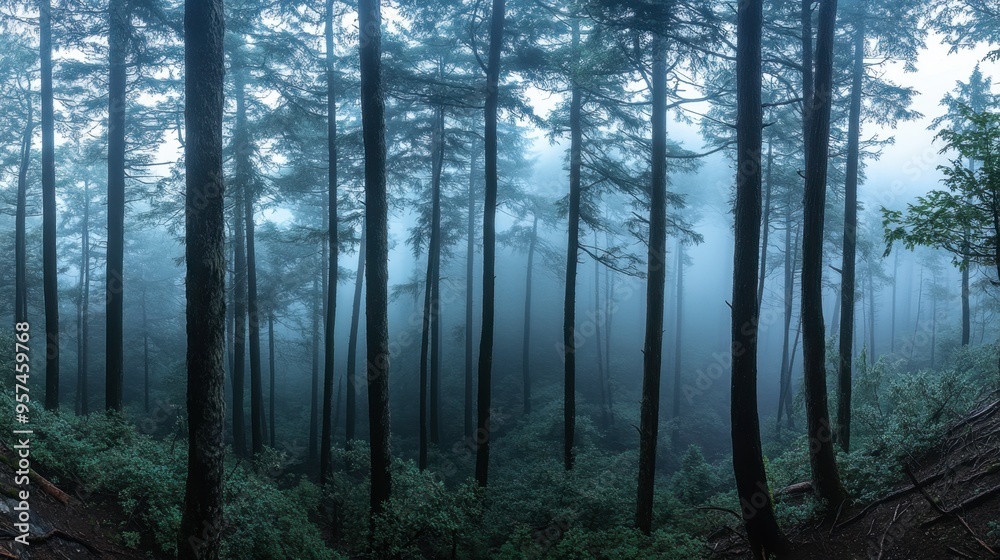 Obraz premium A panoramic view of a misty forest with fog rolling through the trees and a sense of tranquility and mystery.