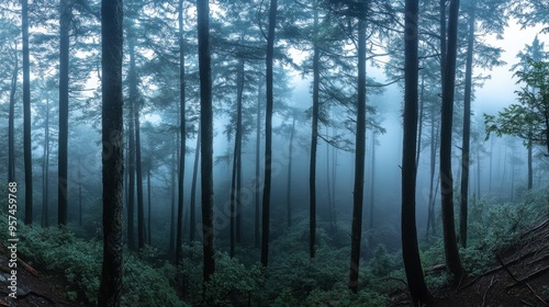 A panoramic view of a misty forest with fog rolling through the trees and a sense of tranquility and mystery.