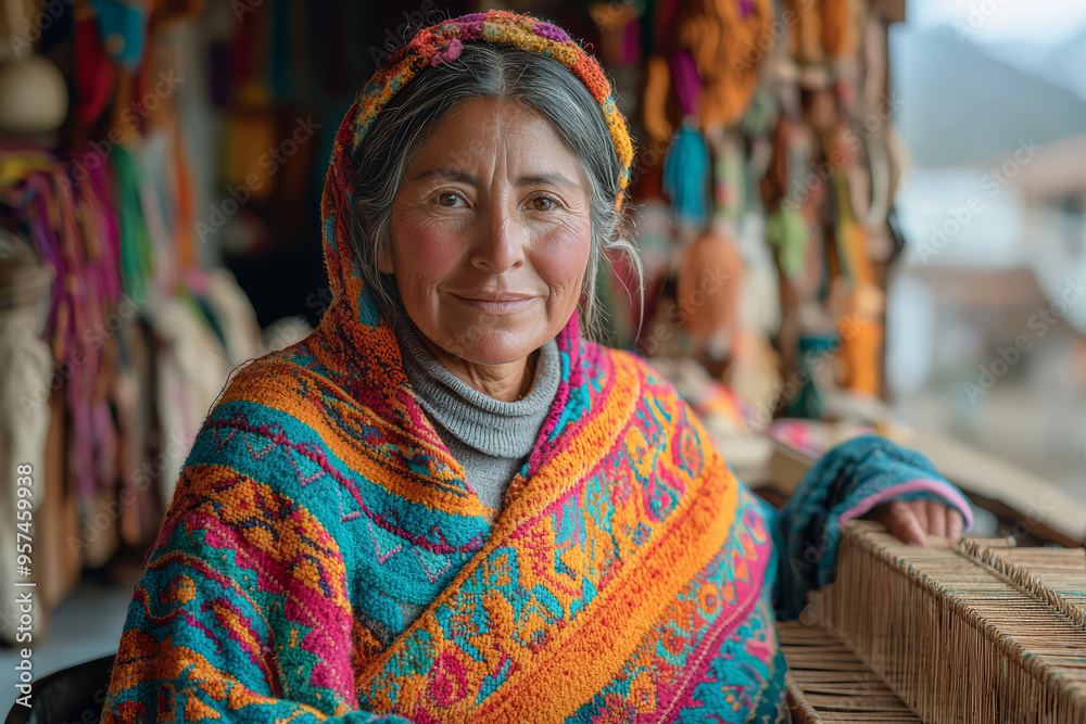 A woman in a bright poncho weaving colorful textiles on a traditional loom in a South American workshop, representing artisanal skills and cultural heritage. A woman in a bright poncho weaving colorful textiles on a traditional loom in a South American workshop, representing artisanal skills and cultural heritage.