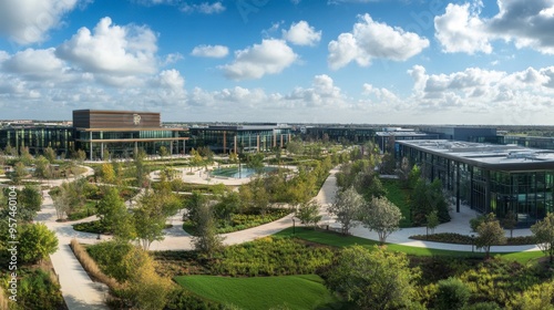 A panoramic view of a sprawling corporate campus with multiple buildings, landscaped grounds, and modern architecture.