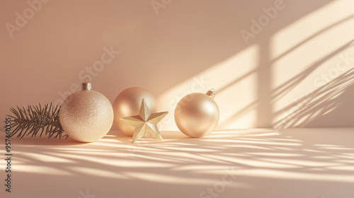 three christmas ornaments, like baubles, stars, and small figurines, against an isolated opalescent effect background photo