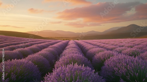 A picturesque field of lavender with rows of blooming plants, set against a backdrop of rolling hills and a soft, pastel sky at sunset.