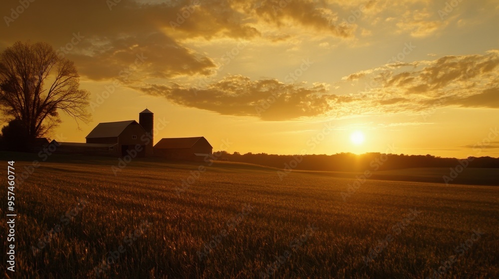 Fototapeta premium A picturesque sunset over a farm field, with silhouetted farm buildings and a peaceful rural landscape bathed in golden light.