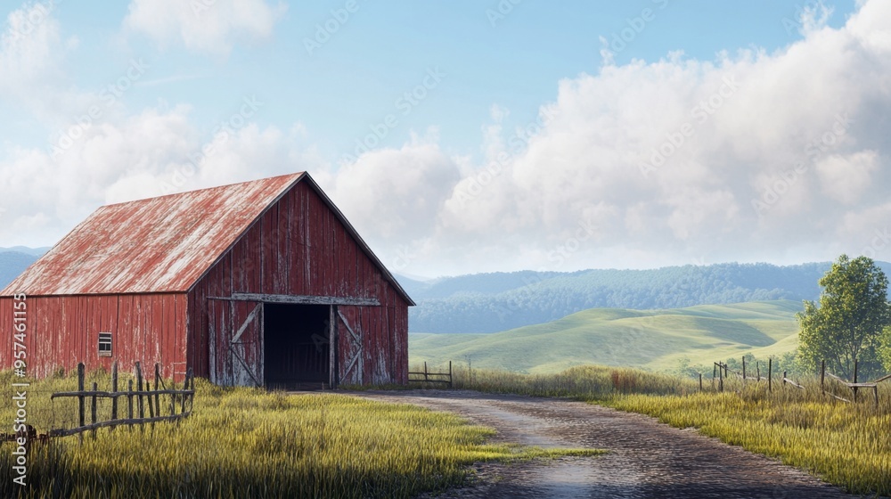 A rustic barn with weathered wood and a classic red paint, set in a rural landscape with rolling hills and open fields. A rustic barn with weathered wood and a classic red paint, set in a rural landscape with rolling hills and open fields.