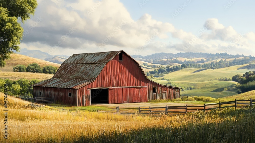 A rustic barn with weathered wood and a classic red paint, set in a rural landscape with rolling hills and open fields. A rustic barn with weathered wood and a classic red paint, set in a rural landscape with rolling hills and open fields.