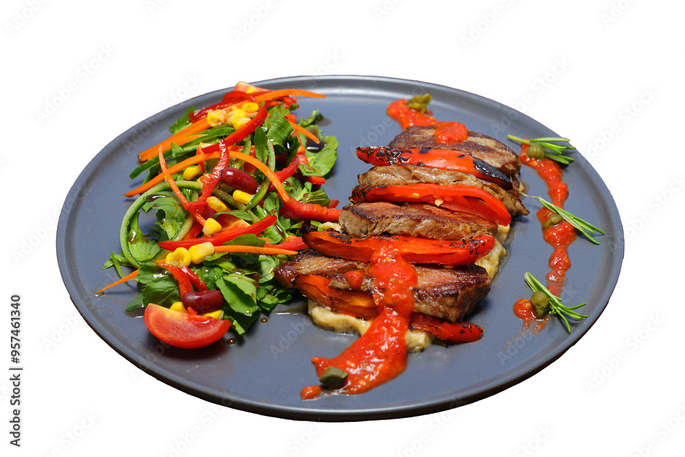 beef chop steak with salad , fried potatoes and sauce in dish. Food and Vegetable concept beef chop steak with salad , fried potatoes and sauce in dish. Food and Vegetable concept