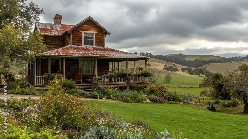 A rustic farmhouse with a wraparound porch and beautiful garden, set in a serene rural landscape with rolling hills. A rustic farmhouse with a wraparound porch and beautiful garden, set in a serene rural landscape with rolling hills.