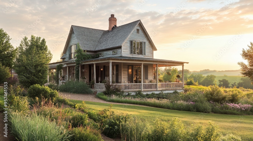 A rustic farmhouse with a wraparound porch and beautiful garden, set in a serene rural landscape with rolling hills. A rustic farmhouse with a wraparound porch and beautiful garden, set in a serene rural landscape with rolling hills.