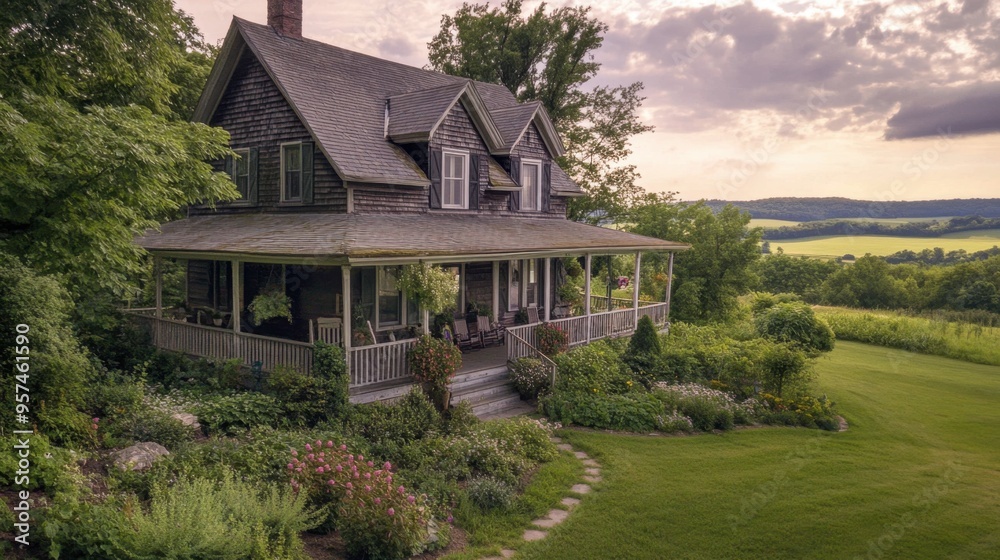 A rustic farmhouse with a wraparound porch and beautiful garden, set in a serene rural landscape with rolling hills. A rustic farmhouse with a wraparound porch and beautiful garden, set in a serene rural landscape with rolling hills.