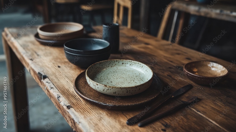 Obraz premium A rustic wooden table with a set of handcrafted ceramic plates and bowls, featuring a simple yet elegant dinner setting with natural textures.