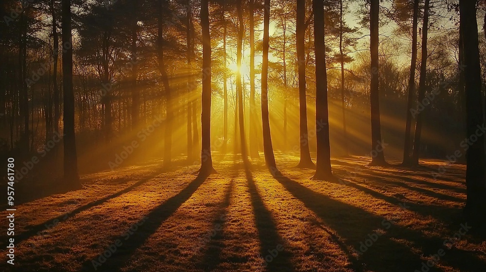 Fototapeta premium Sun shining through trees in winter forest with grass in foreground