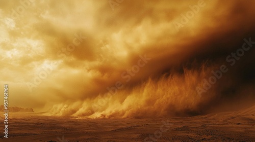  Desert landscape with a large cloud of dust in the sky and a horse in the foreground, majestic mountain in the background