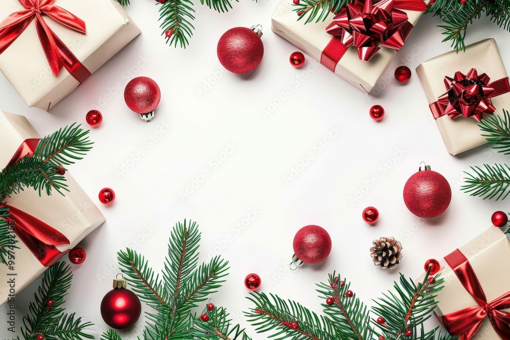 A white background with a Christmas tree and presents, generative ai image A white background with a Christmas tree and presents, generative ai image