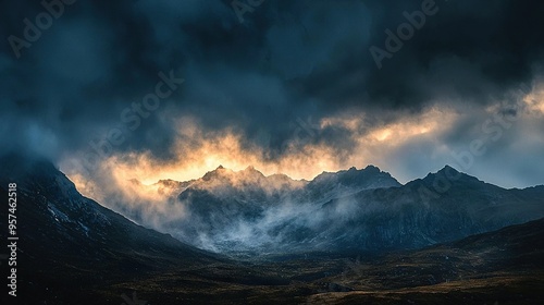  A panoramic of majestic mountains cloaked by clouds, with a noble steed gracing the foreground and towering peaks behind