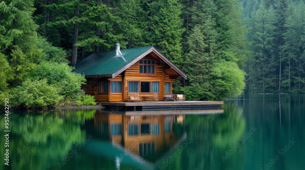 A serene lakeside cabin with wooden exterior and a dock, surrounded by lush greenery and reflecting in the calm water. A serene lakeside cabin with wooden exterior and a dock, surrounded by lush greenery and reflecting in the calm water.