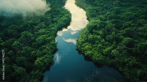  Aerial view of river in lush green forest with low lying clouds