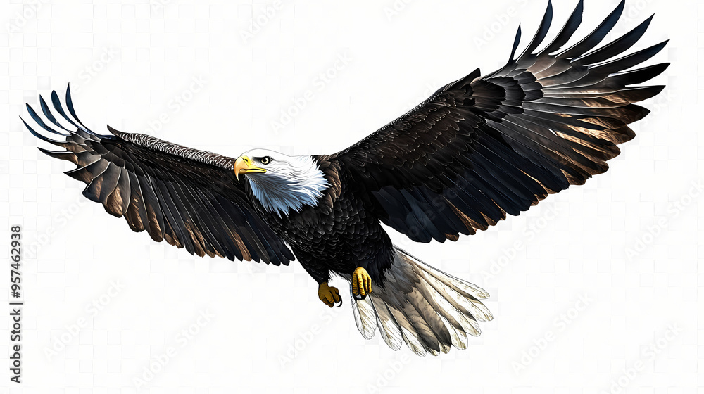 Fototapeta premium An american bald eagle flying on a transparent background, generative ai. Eagle. Illustration
