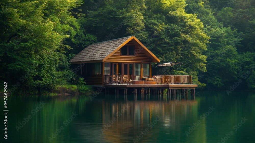 A serene lakeside cabin with wooden exterior and a dock, surrounded by lush greenery and reflecting in the calm water. A serene lakeside cabin with wooden exterior and a dock, surrounded by lush greenery and reflecting in the calm water.