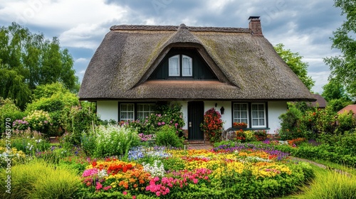 A traditional house with a thatched roof and colorful flower beds, set in a quaint village with a peaceful countryside backdrop.