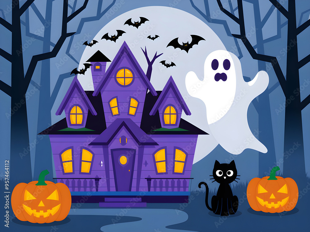 Fototapeta premium Spooky Haunted House with Ghost, Black Cat, and Jack-O'-Lanterns