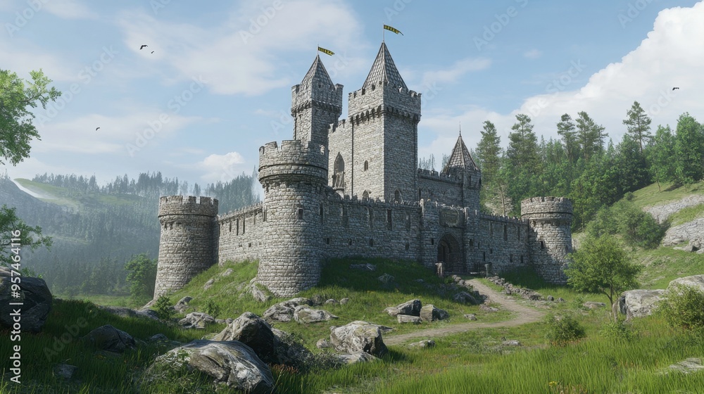 A traditional medieval castle with stone walls, turrets, and a moat, set in a dramatic landscape with rolling hills and forests.