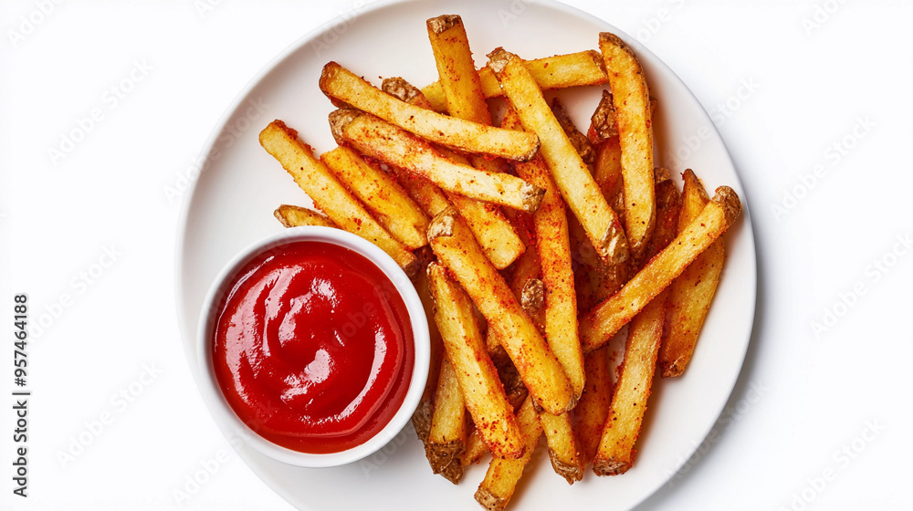 Top view of french fries with tomato ketchup isolated on white background, peri peri fries Top view of french fries with tomato ketchup isolated on white background, peri peri fries