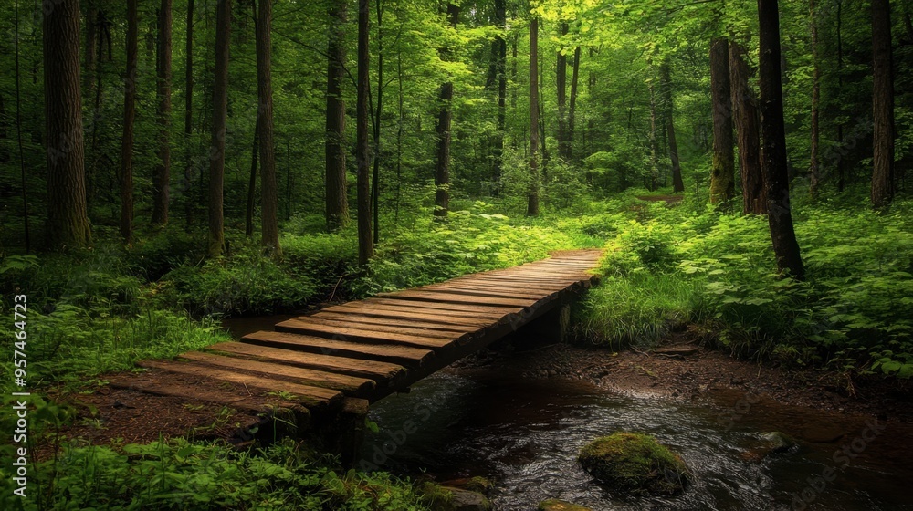 Obraz premium A tranquil forest scene with a wooden footbridge crossing a small stream, surrounded by dense trees and lush greenery.