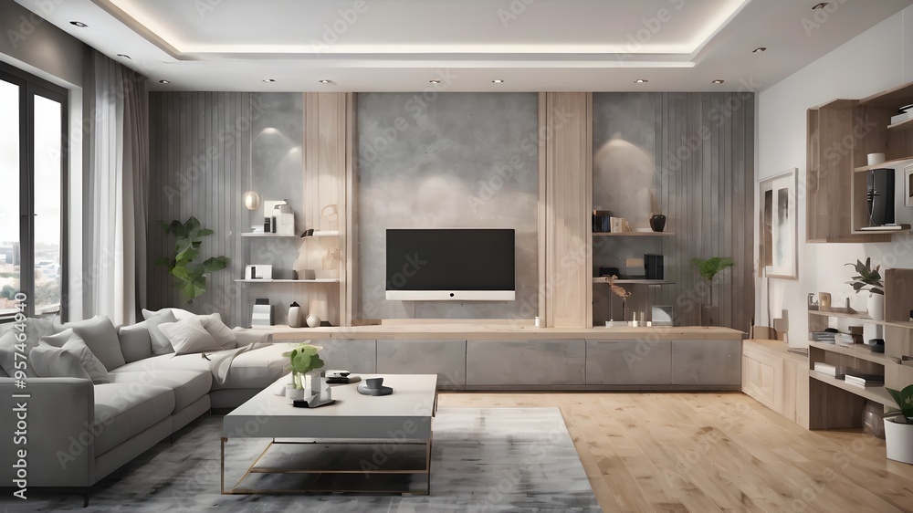 Fototapeta premium modern living room with tv on the wall real estate