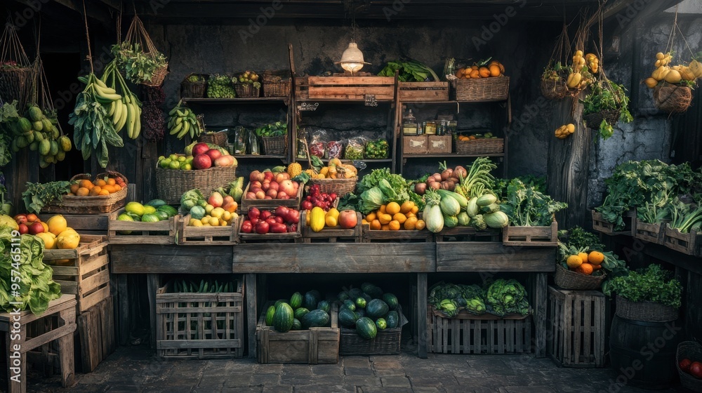 Obraz premium A vibrant farm market stall filled with colorful fruits and vegetables, with farm-fresh produce and rustic wooden crates.