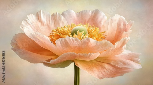  A pink flower with yellow stamens on a green stem against a pastel background