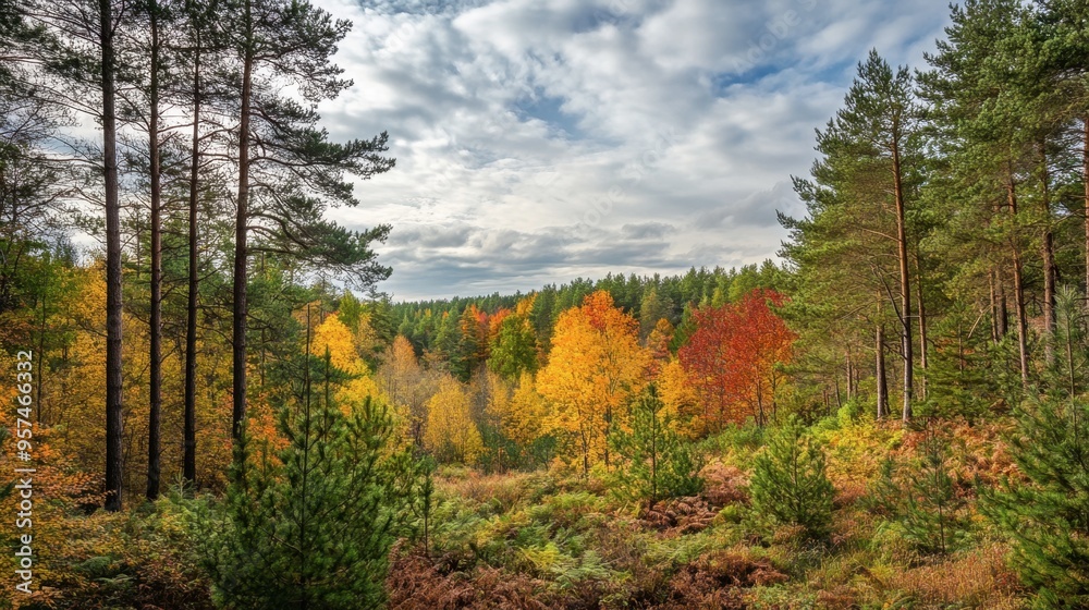 Fototapeta premium A wide-angle view of a forest with a mix of coniferous and deciduous trees, showcasing the diversity of the woodland ecosystem.