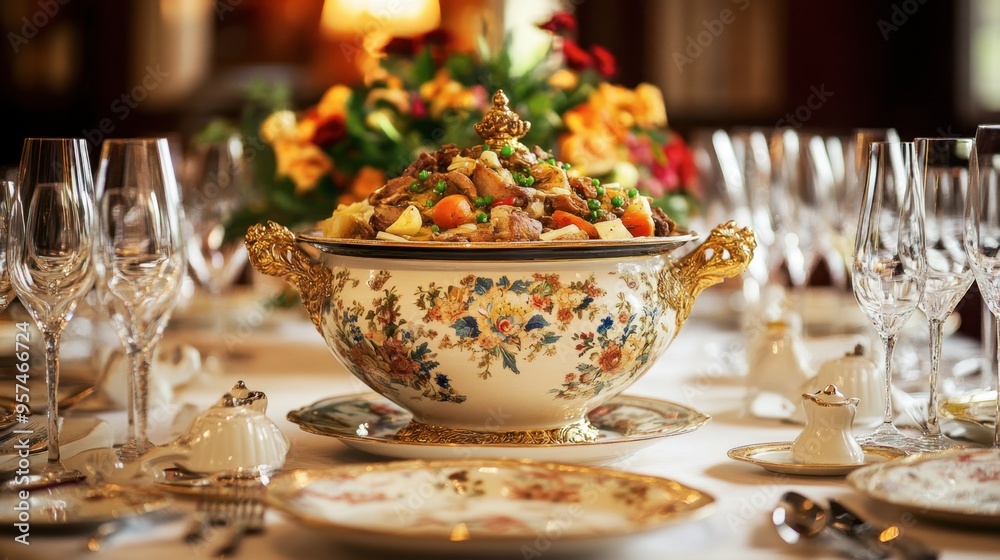 An elegant table setting with a large, ornate serving pot in the center, filled with a delicious dish and surrounded by fine china. An elegant table setting with a large, ornate serving pot in the center, filled with a delicious dish and surrounded by fine china.