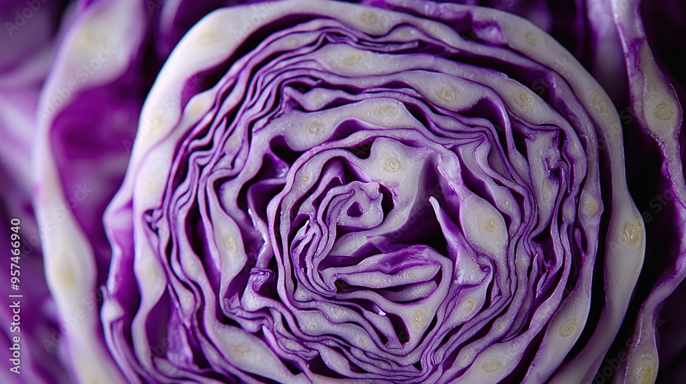 Obraz premium Close-up of purple cabbage in its blooming stalk with a white center