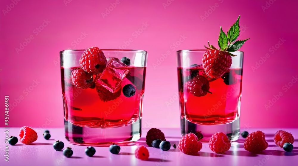 Glasses Filled With Ice and Raspberries Glasses Filled With Ice and Raspberries