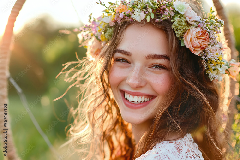 Obraz premium a beaming hippie woman wearing a crown of wildflowers, framed by a large, circular loom in a blurred studio setting