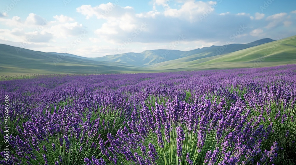 Naklejka premium Lavender field in front of mountains with blue sky and white clouds in the background