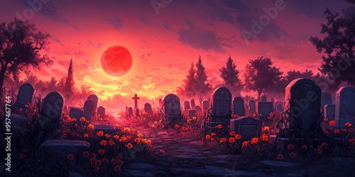 Eerie Cemetery Landscape at Sunset with Red Moon, Tombstones, and Dramatic Clouds Creating a Haunting Atmosphere