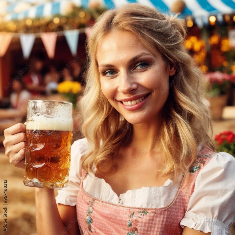 Woman enjoying a beer in a traditional Bavarian dress at Oktoberfest Woman enjoying a beer in a traditional Bavarian dress at Oktoberfest