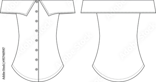 sleeveless off the shoulder neck buttoned fit long shirt blouse top template technical drawing flat sketch cad mockup fashion woman design style model
