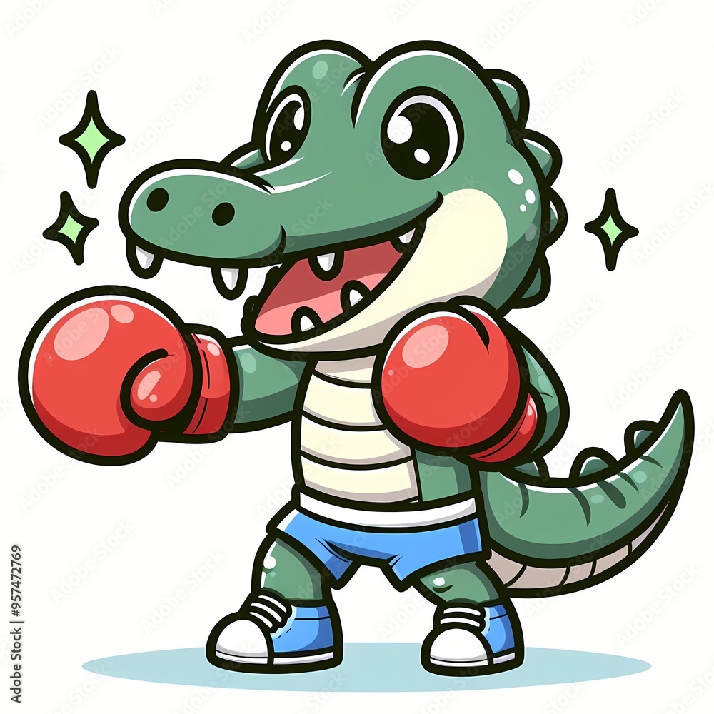 Fototapeta premium Cute Crocodile Boxing Cartoon Vector Icon Illustration