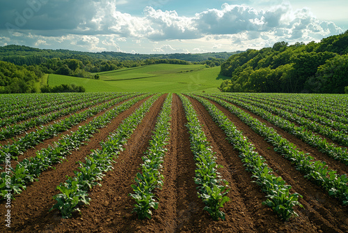 Overhead view of a large agricultural field with contrasting patches of crops and fallow land, illustrating farming practices and land use. Concept of agriculture and land management.