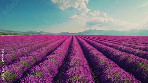  Large field of lavender flowers under a clear blue sky with distant mountains and cloudy skies