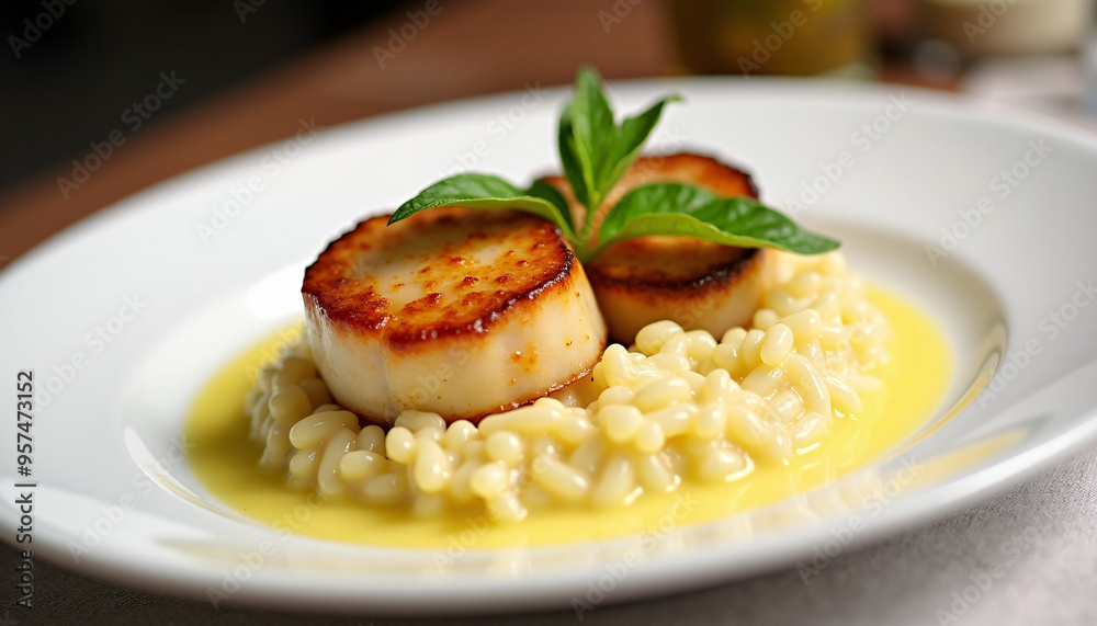 Side angle of a plate of pan-seared scallops with a lemon beurre blanc sauce, served with risotto. Side angle of a plate of pan-seared scallops with a lemon beurre blanc sauce, served with risotto.